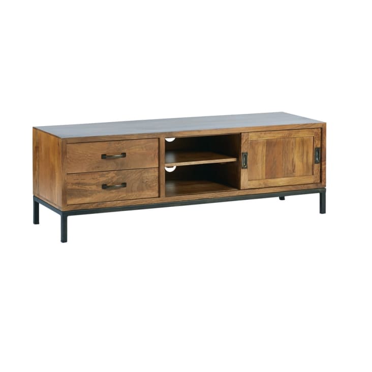 Maisons Du Monde Hipster - Mueble De TV Con 1 Puerta Y 2 Cajones De Mango Macizo Y Metal Negro