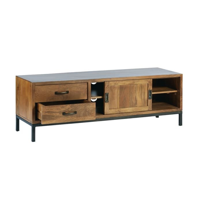 Maisons Du Monde Hipster - Mueble De TV Con 1 Puerta Y 2 Cajones De Mango Macizo Y Metal Negro