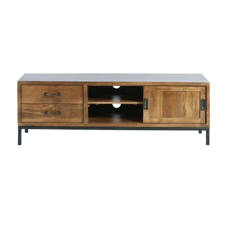 Maisons du Monde Hipster - Mueble de TV con 1 puerta y 2 cajones de mango macizo y metal negro
