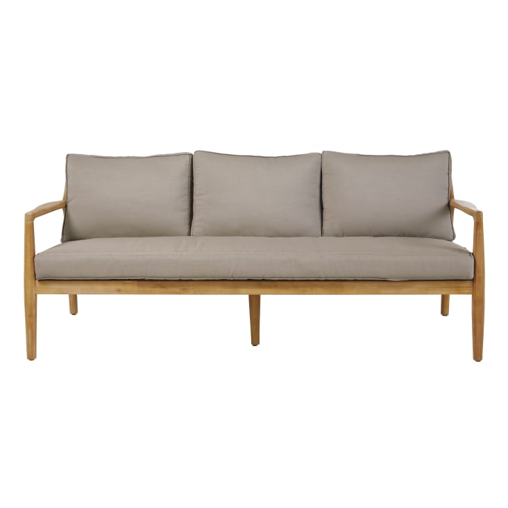 Maisons du Monde Indiana - Sofá de jardín de 3 plazas de acacia maciza y cojines color topo