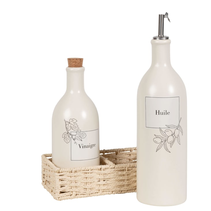 Maisons Du Monde INES - Vinagrera Y Aceitera De Gres Blanco Con Motivos Negros Y Soporte De Sauce Trenzado