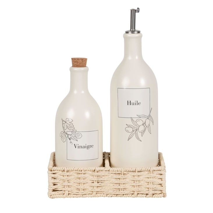 Maisons du Monde INES - Vinagrera y aceitera de gres blanco con motivos negros y soporte de sauce trenzado