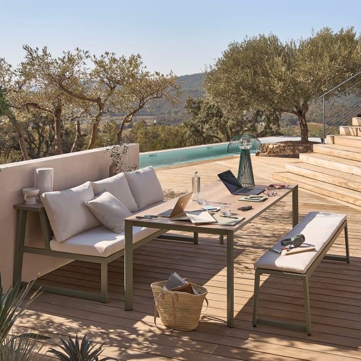 Maisons Du Monde Jaden - Conjunto De Banco De Exterior De Aluminio Verde Caqui Y Cojines Color Crudo 1 Banco Y 1 Mesa