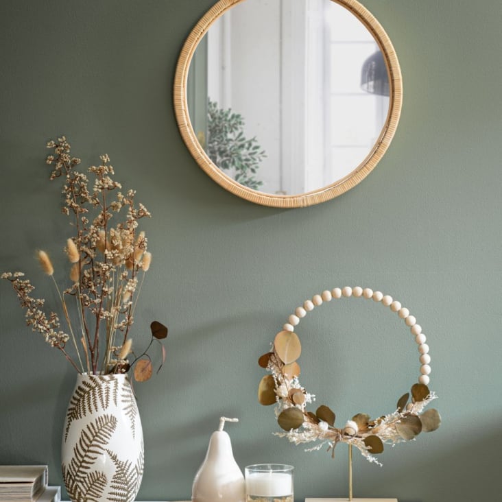 Maisons Du Monde Jarrón De Gres Blanco Con Estampado De Hojas Doradas 24 Cm