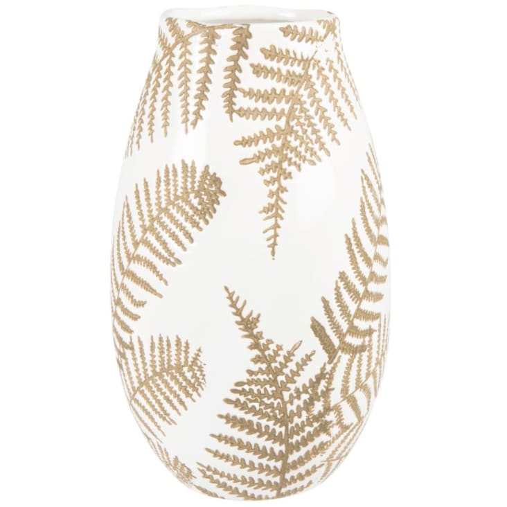 Maisons du Monde Jarrón de gres blanco con estampado de hojas doradas 24 cm