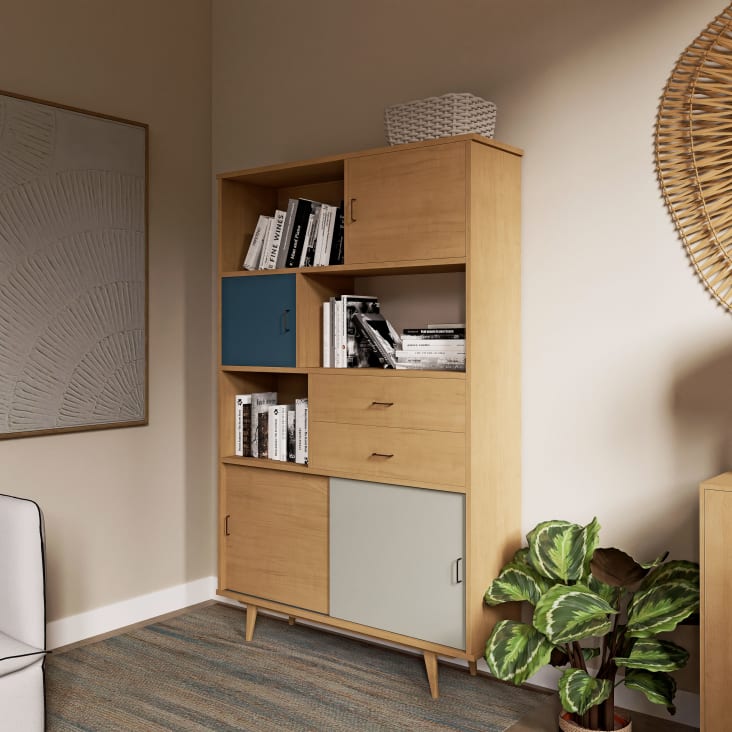 Maisons Du Monde Jeannette - Biblioteca De 4 Puertas Y 2 Cajones Color Gris Azulado Gris Y Crudo