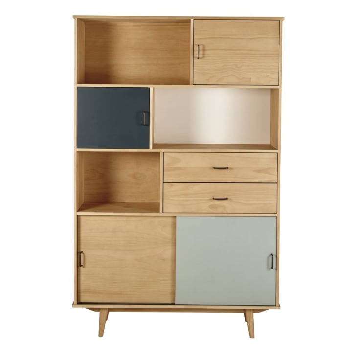 Maisons du Monde Jeannette - Biblioteca de 4 puertas y 2 cajones color gris azulado gris y crudo