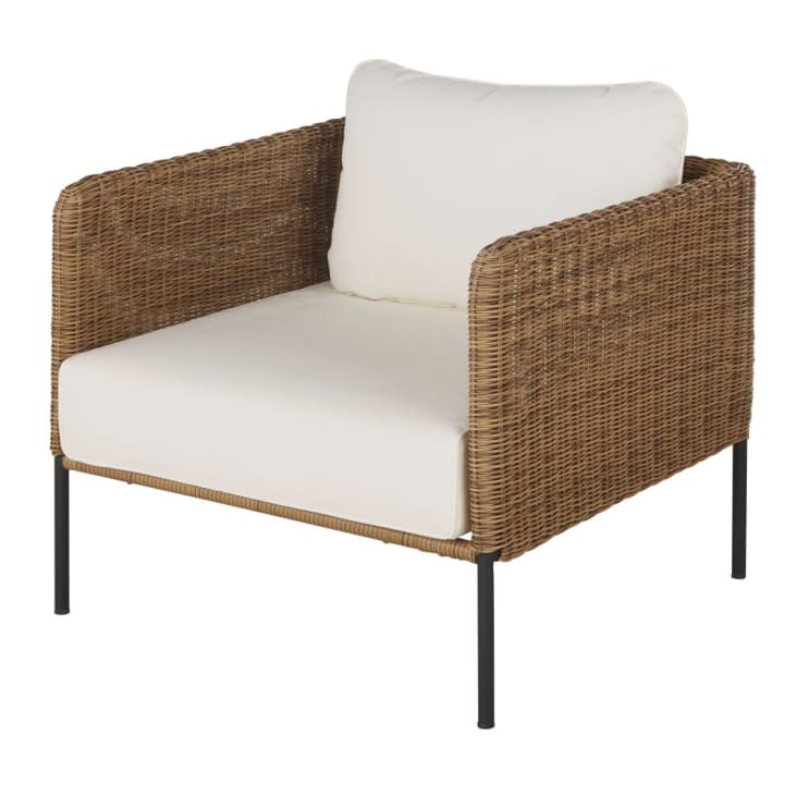 Maisons du Monde Joran - Sillón de jardín de resina trenzada efecto ratán con cojines color crudo