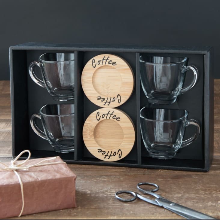 Maisons Du Monde Juego De 4 Tazas De Vidrio Y Platos De Bambú