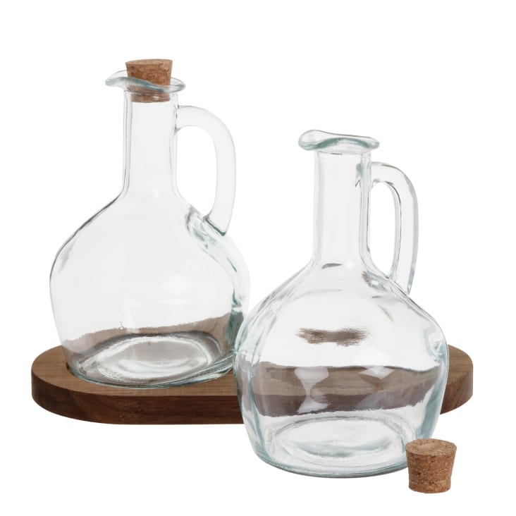Maisons Du Monde Juego De Aceiteras De Vidrio (2) Con Soporte De Madera De Acacia