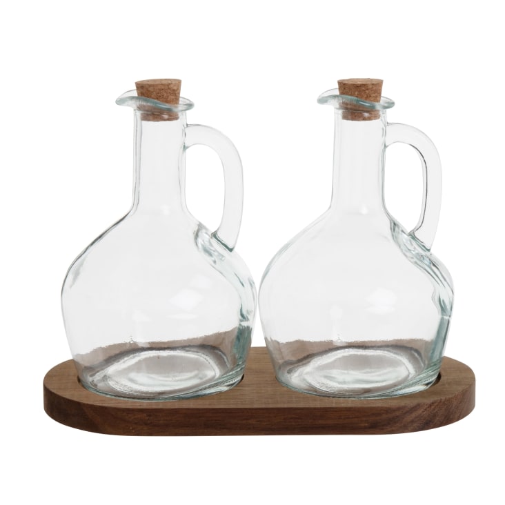 Maisons du Monde Juego de aceiteras de vidrio (2) con soporte de madera de acacia