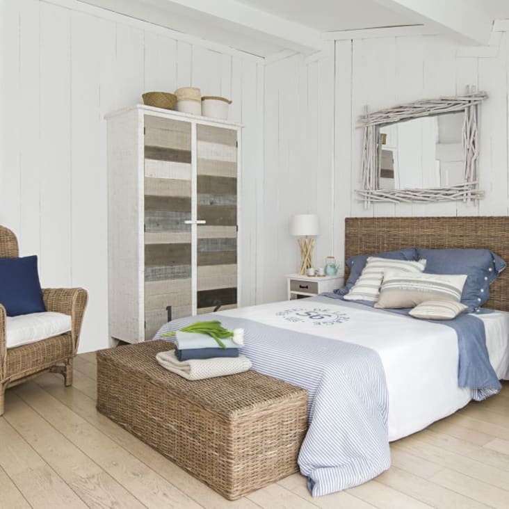 Maisons Du Monde Key West - Pie De Cama De Caoba Maciza Y Mimbre An. 130 Cm