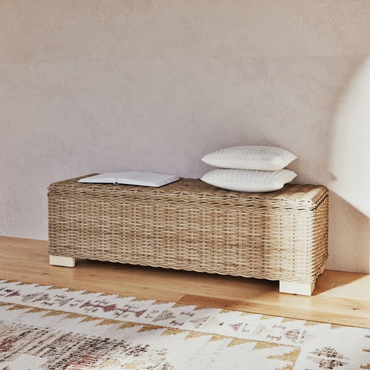 Maisons Du Monde Key West - Pie De Cama De Caoba Maciza Y Mimbre An. 130 Cm