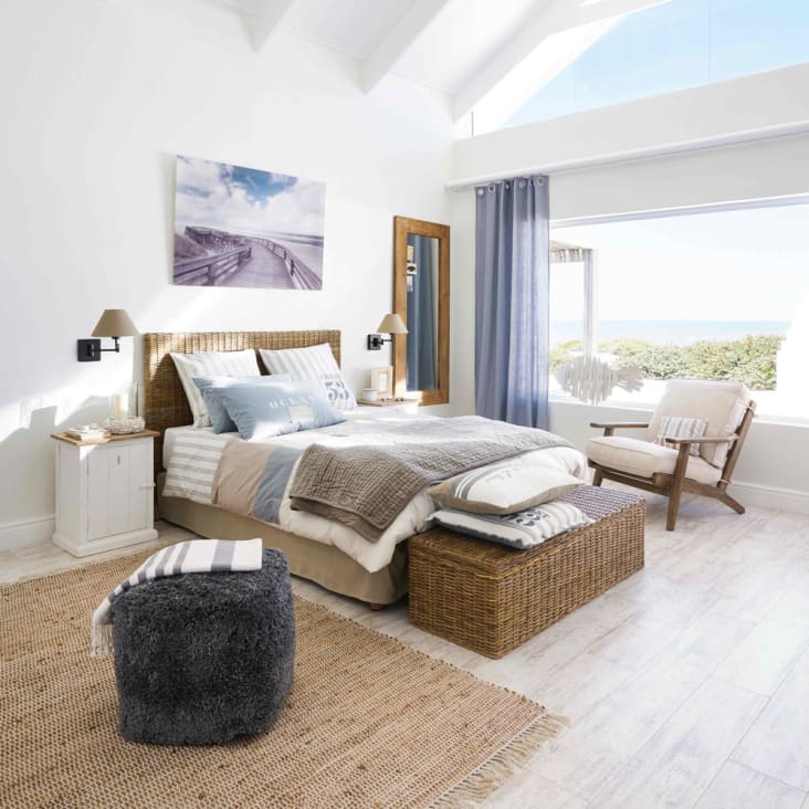 Maisons Du Monde Key West - Pie De Cama De Caoba Maciza Y Mimbre An. 130 Cm