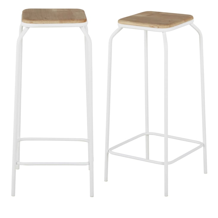 Maisons du Monde Kraft - Taburetes de bar de acero blanco y madera de abeto (x2) Alt. 75