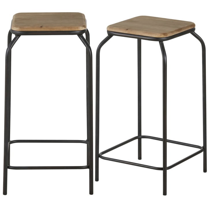 Maisons du Monde Kraft - Taburetes para isla de cocina de acero negro y madera de abeto (x2) Alt. 65