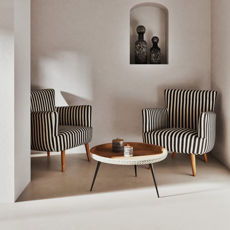 Maisons Du Monde Krishna - Mesa Baja Redonda De Mango Macizo Tallado Y Metal Negro