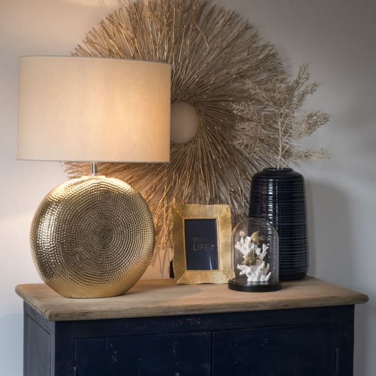 Maisons Du Monde Lámpara De Cerámica Amartillada Dorada Con Pantalla Beige Crema