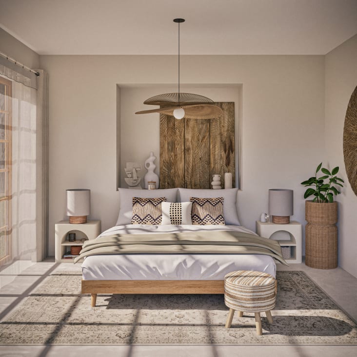 Maisons Du Monde Laureto - Lámpara De Mesa De Travertino Terracota Y Pantalla De Tela Beige