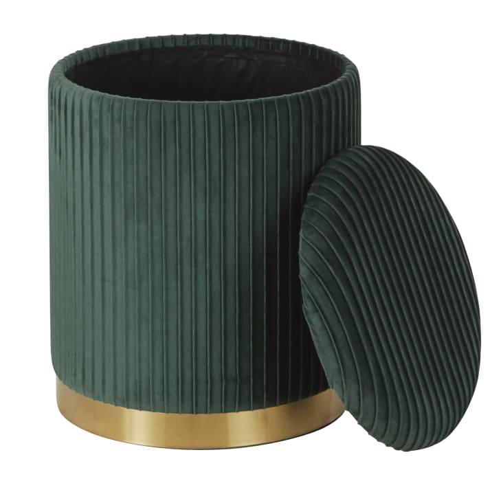 Maisons Du Monde LEOCADIE - Puf-baúl Redondo De Terciopelo Verde Y Metal Dorado
