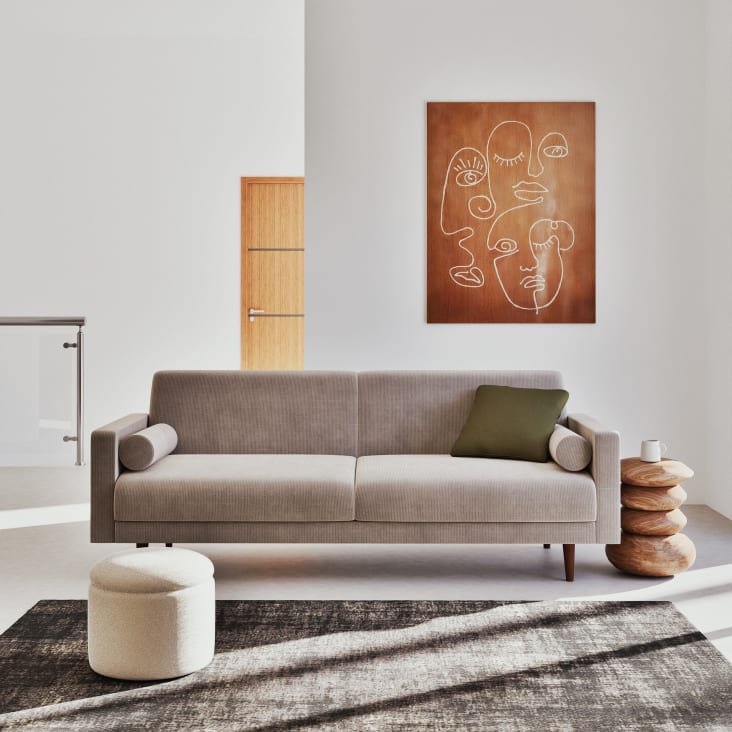 Maisons Du Monde Lienzo Estampado Y Pintado Con Rostros Abstractos En Marrón Y Blanco 91 X 120