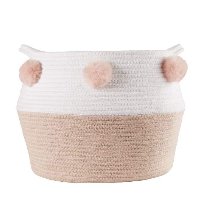 Maisons du Monde Lila - Cesta trenzada rosa y blanca con pompones