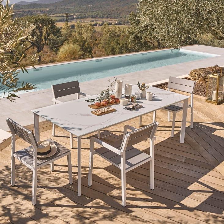 Maisons Du Monde Lisabel - Mesa De Exterior De Aluminio Y Cristal Blanco Efecto Mármol Para 8 Personas