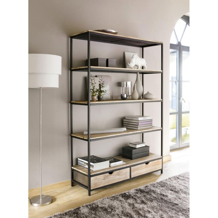 Maisons Du Monde Long Island - Estantería Industrial Con 2 Cajones De Abeto Macizo Y Metal