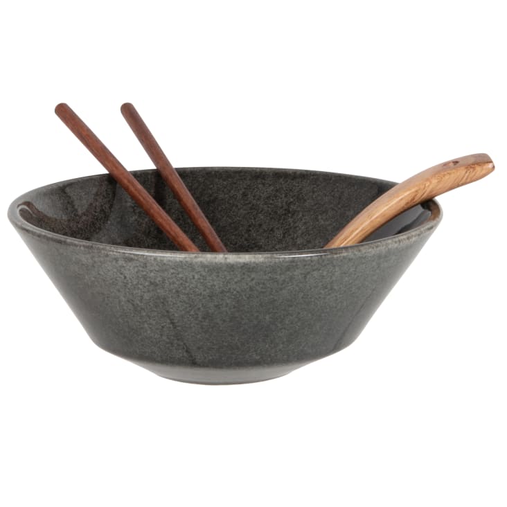 Maisons Du Monde Lote De 2 - Tazón Para Ramen De Gres Verde Con Cuchara Y Palillos De Madera De Roble