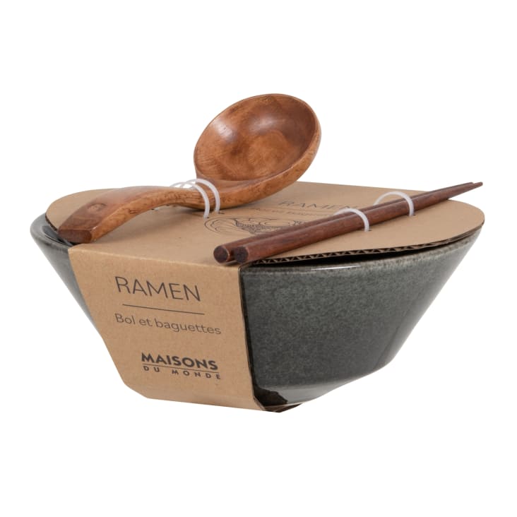 Maisons du Monde Lote de 2 - Tazón para ramen de gres verde con cuchara y palillos de madera de roble