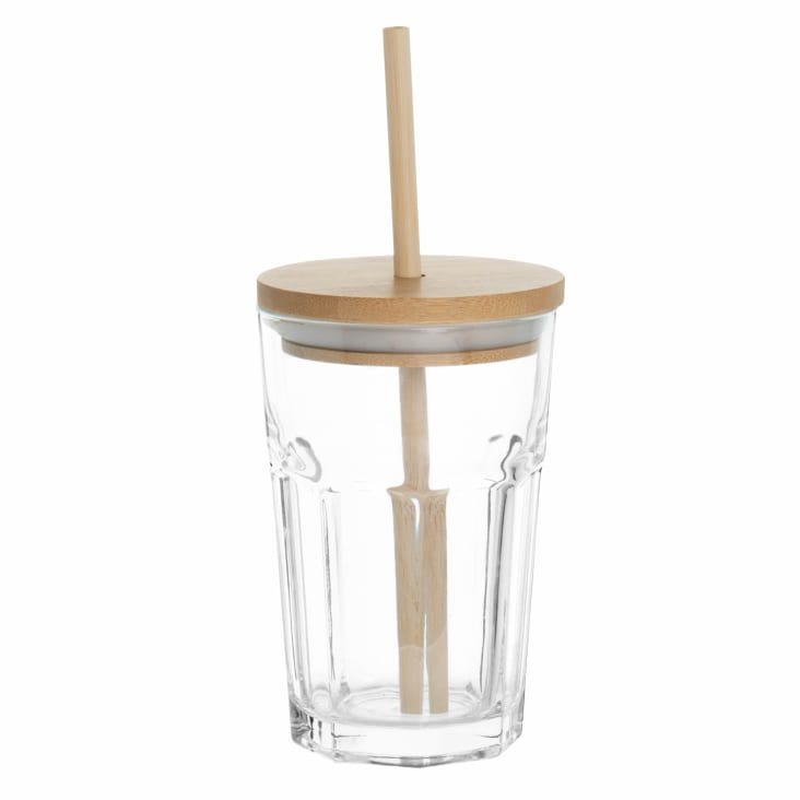 Maisons du Monde Lote de 2 - Vaso de cristal con tapa y pajita de bambú 0 43L