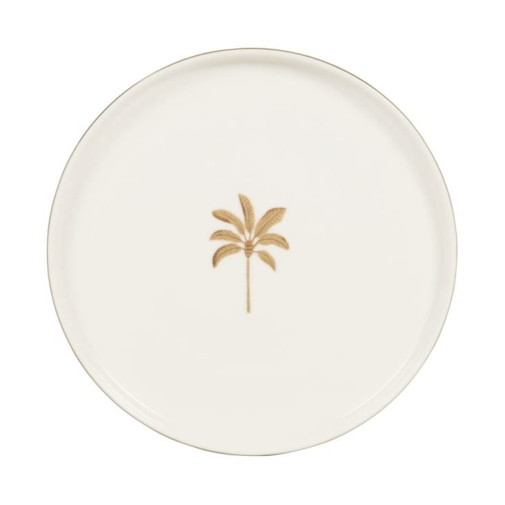 Maisons Du Monde Lote De 6 - Plato De Postre De Porcelana Beige Con Motivo De Palmera Dorada