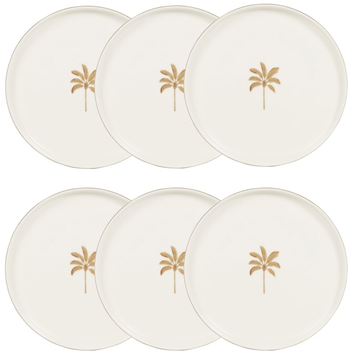Maisons du Monde Lote de 6 - Plato de postre de porcelana beige con motivo de palmera dorada