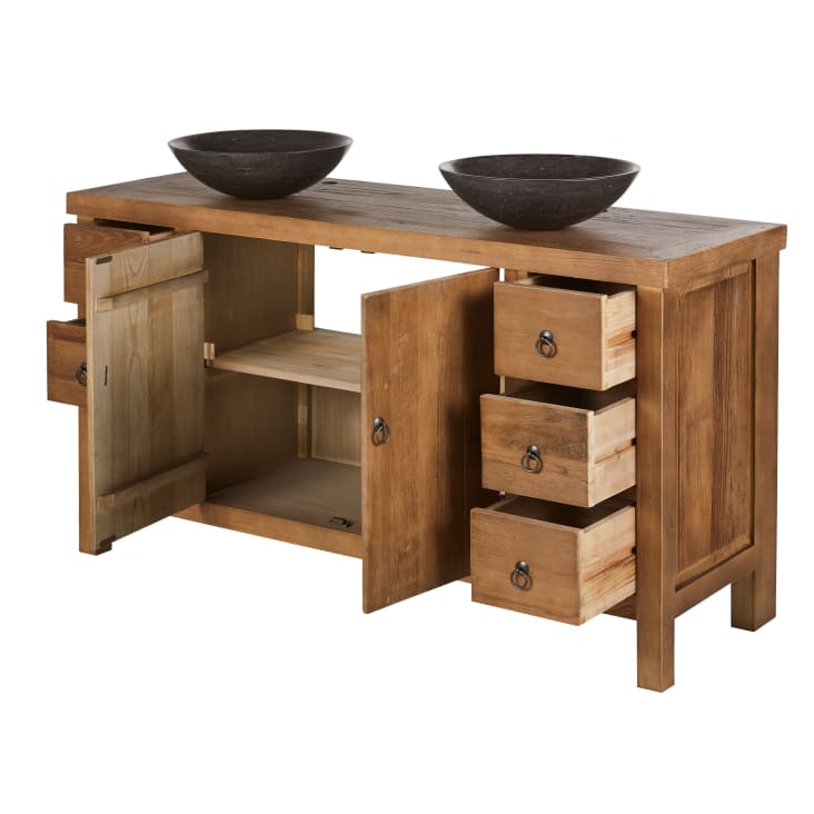 Maisons Du Monde Lotus - Mueble De Doble Lavabo De Olmo Reciclado Y Piedra Azul