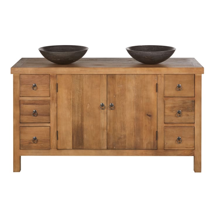 Maisons du Monde Lotus - Mueble de doble lavabo de olmo reciclado y piedra azul