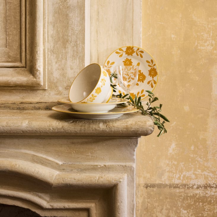 Maisons Du Monde Louise - Bol De Cerámica Blanca Con Flores Amarillo