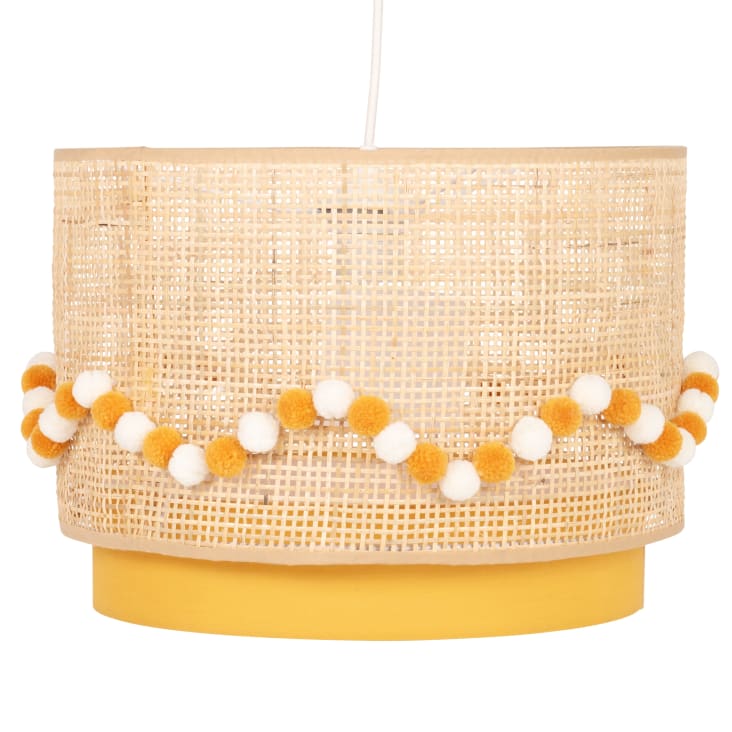 Maisons du Monde Louna - Lámpara de techo de ratán y tela amarilla decorada con pompones crudo y amarillos D. 35