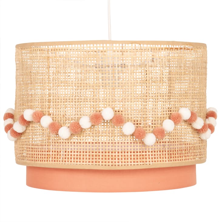 Maisons du Monde Louna - Lámpara de techo rosa con rejilla de ratán y pompones