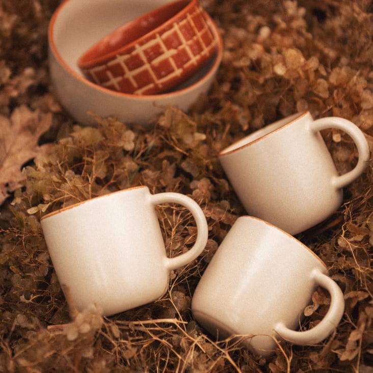 Maisons Du Monde Luciole - Juego De 4 De Tazas De Cerámica Blanca Con Borde Marrón