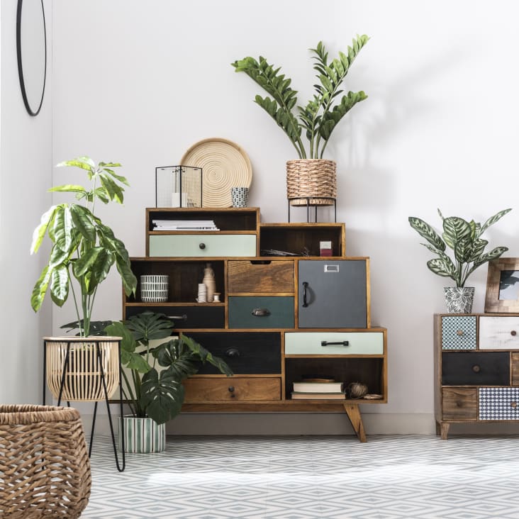 Maisons Du Monde Macetero De Fibra Vegetal Con Base De Metal Negro Alt.30