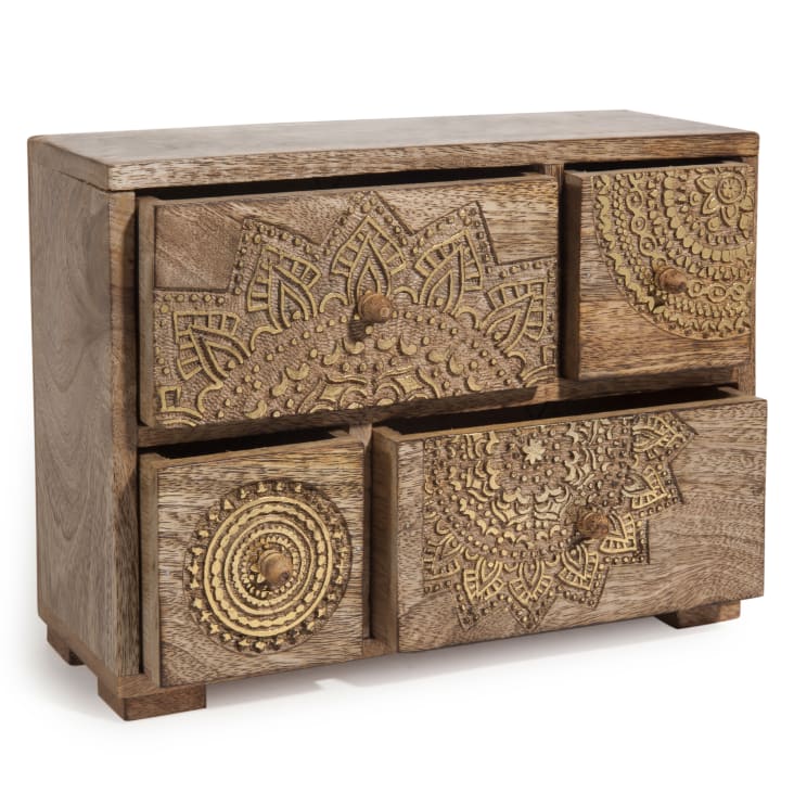 Maisons Du Monde Mandala - Caja Con 4 Cajones De Madera De Mango Con Motivos Dorados