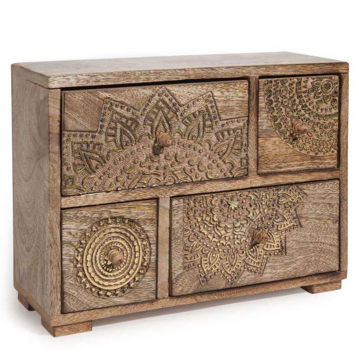 Maisons du Monde Mandala - Caja con 4 cajones de madera de mango con motivos dorados