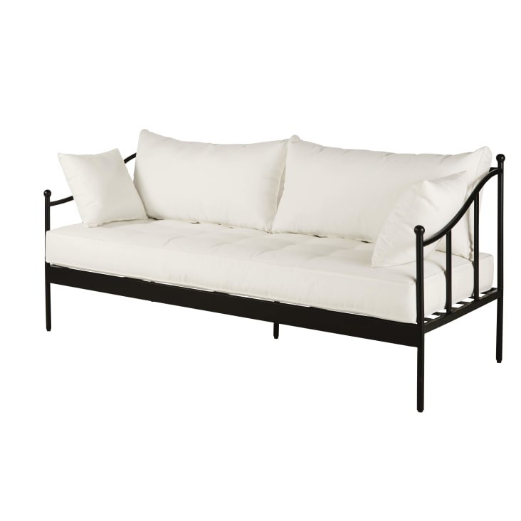 Maisons Du Monde Marignane - Sillón De Jardín De 3 Plazas De Acero Negro Y Cojines Blanco Roto