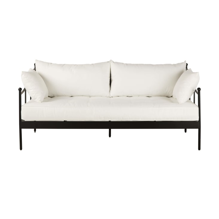 Maisons du Monde Marignane - Sillón de jardín de 3 plazas de acero negro y cojines blanco roto