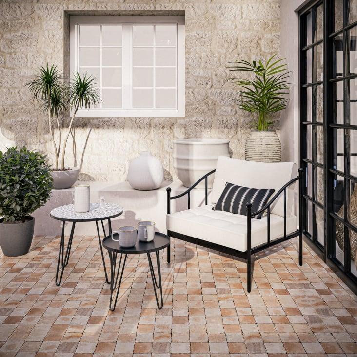 Maisons Du Monde Marignane - Sillón De Jardín De Acero Negro Y Cojines Color Blanco Roto