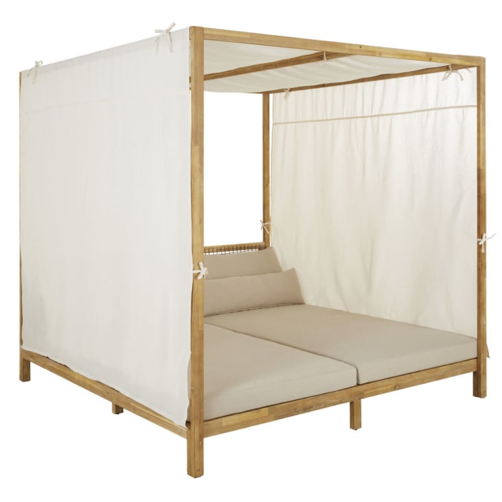 Maisons Du Monde Maupiti - Cama Con Dosel De Exterior De Resina Trenzada Y Tela Marrón Claro