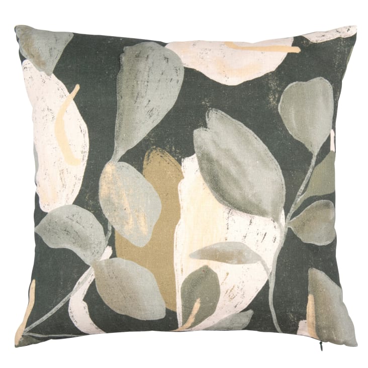 Maisons du Monde MAURES - Funda de cojín de lino con estampado vegetal verde aceituna y crudo 40 x 40