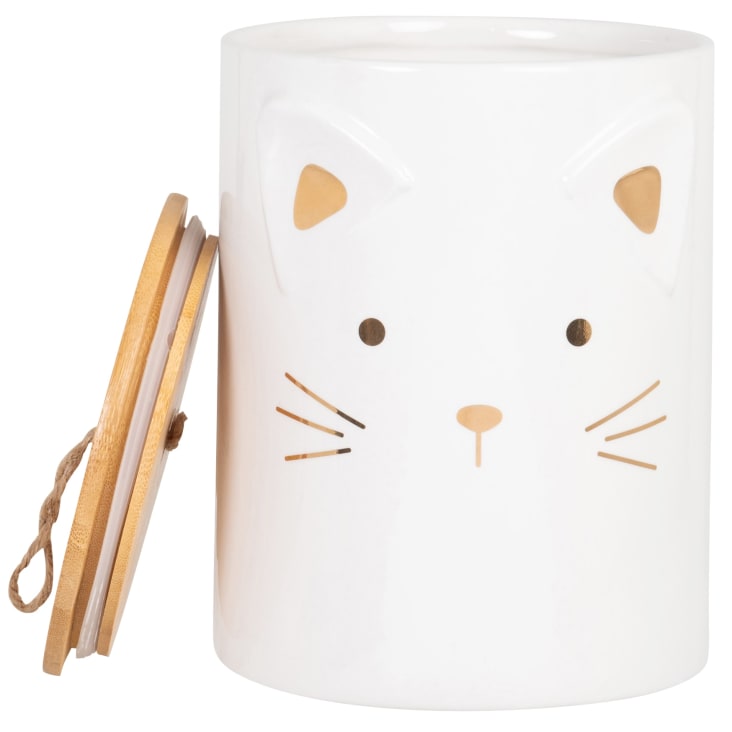 Maisons Du Monde MIAOU - Caja De Comida Para Gatos De Cerámica Blanca Y Dorada Con Tapa De Bambú