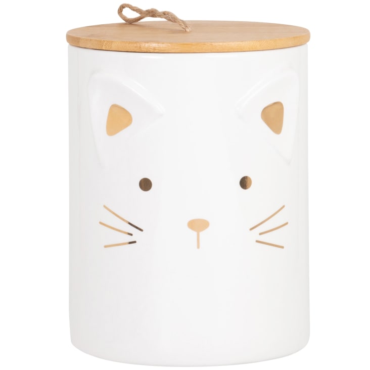 Maisons du Monde MIAOU - Caja de comida para gatos de cerámica blanca y dorada con tapa de bambú