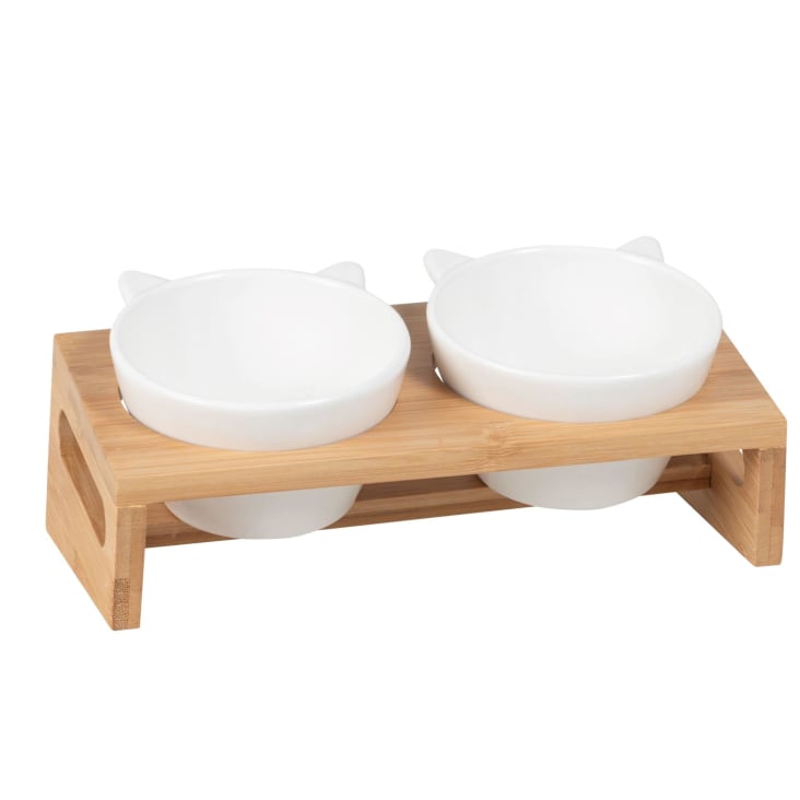 Maisons Du Monde Miaou Miaou - Comederos De Porcelana (x2) Con Soporte De Bambú